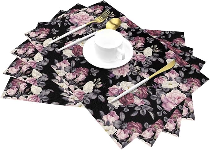 Vintage Floral Placemats Set of 4 Pink Rose Peony Flower Blossom Black Wipeable Table Mats Reusable Washable PVC Rectangle Place Mats for Kitchen Dining Home Decor 12x18 Inches