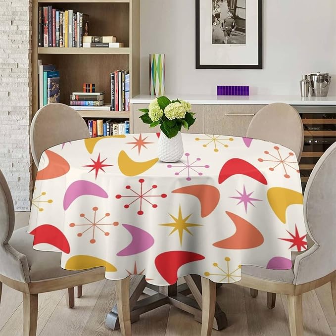 Mid Century Modern Round Tablecloth, Vintage Abstract Colorful Geometrics Modern Art Tablecloth for Home Party Dining Room Kitchen Decor 60Inch(152cm)