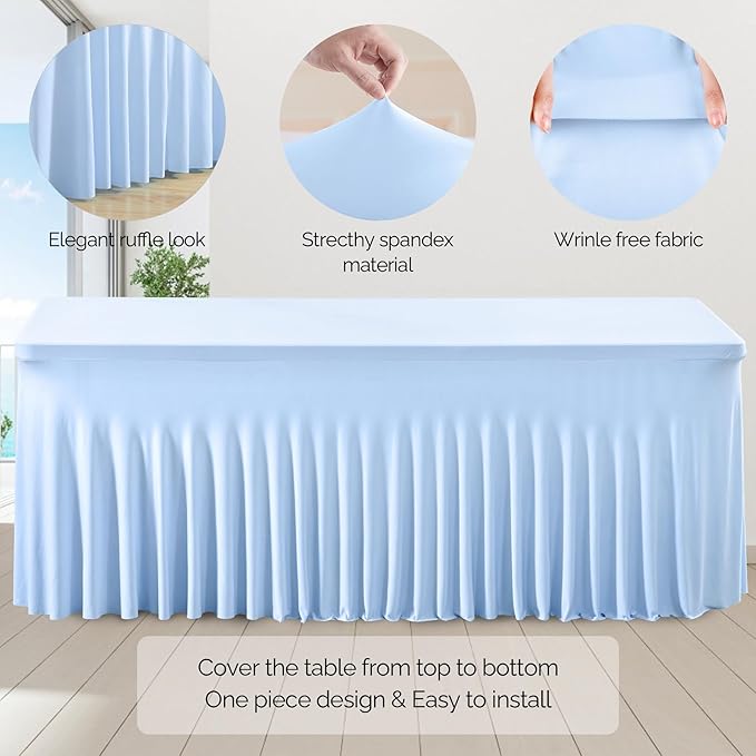 Wish Care 2 Pack Baby Blue Spandex Table Clothes for 6 Foot Rectangle Tables, 6FT Wrinkle Free Fitted Tablecloths Ruffles Design Table Cover for Party, Banquet, Wedding and Events