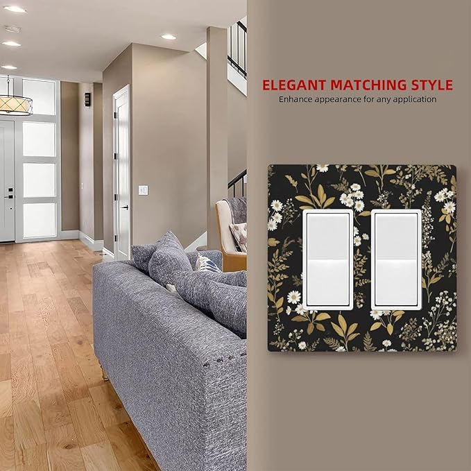 Outlet Covers Black/Gold Boho Botanical Floral Rustic Flowers 2 Gang Light Switch Cover Double Rocker Wall Plate Decorative GFCI Receptacle Electrical Switchplate for Bathroom Kitchen（2 Pack）