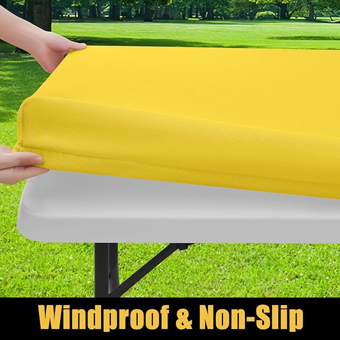 Smiry Rectangle Picnic Table Cloth, Waterproof Elastic Fitted Tablecloths for 6 Foot Tables, Washable Polyester Table Cover for Camping, Indoor and Outdoor (Yellow, 30"x72")