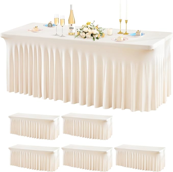 Wish Care 6 Pack Ivory Spandex Table Clothes for 4 Foot Rectangle Tables, 4FT Wrinkle Free Fitted Tablecloths Ruffles Design Table Cover for Party, Banquet, Wedding and Events