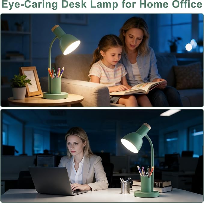 WLHONG LED Desk Lamp, Table Lamps with Pen Holder, 3 Color Modes Eye-Caring Reading Light with Flexible Gooseneck, Study Lamp for Kids Bedside Home Office Room College Dorm Essentials (Green)