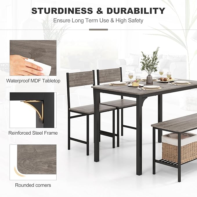 Giantex Dining Table Set for 4, Kitchen Table with Bench and Chairs, Industrial Gathering Bench Dining Set W/Metal Frame & Storage Rack, Dinette Set, Modern Functional Desk Set (Black Oak)