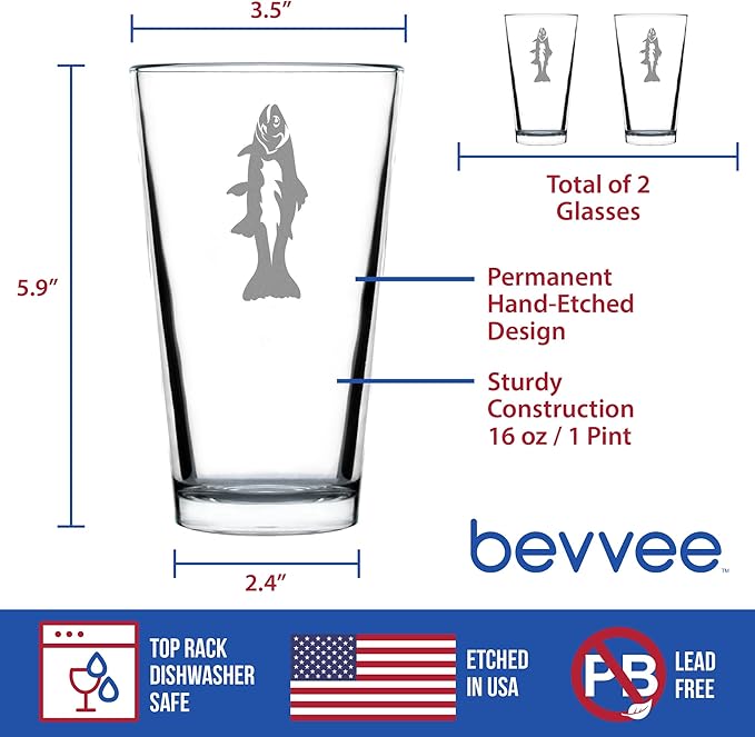 Bevvee Trout - Pint Glass for Beer - Trout Fishing Gifts for Fisherman - Fun Fish Cups & Lake House Decor - Set of 2-16 oz
