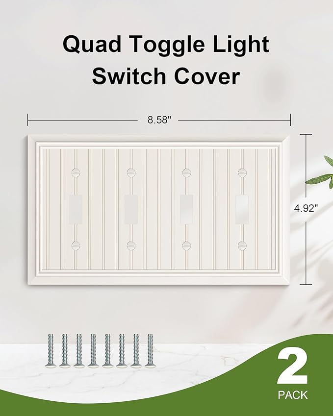 2-Pack Classic Beadboard Quad Toggle Light Switch Cover Plate, Almond Decorative Switch Plate Covers, Natural Bamboo Fiber 4 Gang Wall Plate for Toggle Light Switch and Rotary Dimmer Switch