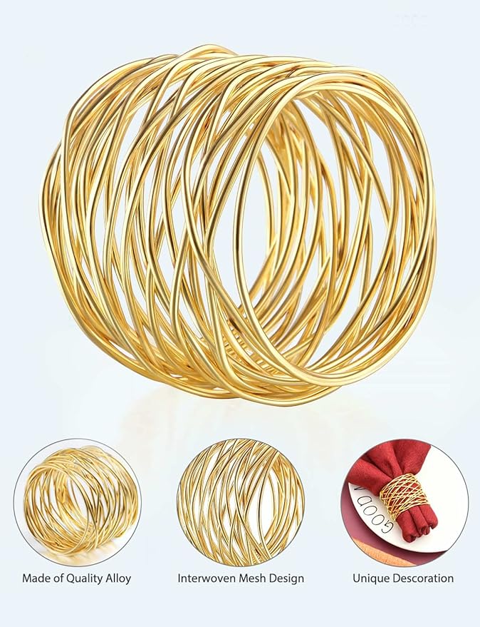 Twisted Wire Mesh Napkin Rings Holders Décor Dinner Party Wedding Christmas Gathering (Gold 12pcs)