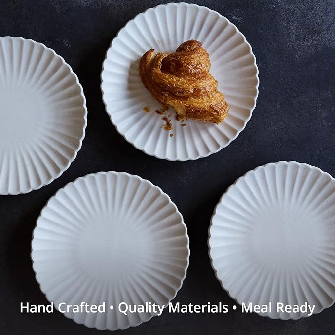 Goodies White Classic Flower Breakfast Plates (Set of 4), Handmade Ceramic, Glazed, Dishwasher Safe, Microwave Safe, Petal Shaped Rim Design, Durable, Stackable, Elegant Dinnerware, 8 Inch