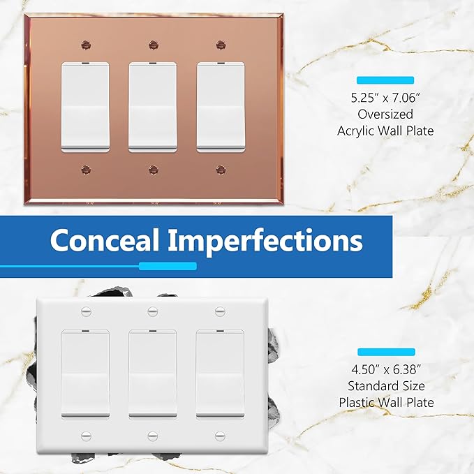 LIDER Reflective Acrylic Decorator Wall Plate, Mirrored Light Switch Plate, Plexiglass Outlet Cover, Acrylic Glass, Oversized 3-Gang 5.25" x 7.06", LWP-33O-ARG5P, Rose Gold, 5 Pack