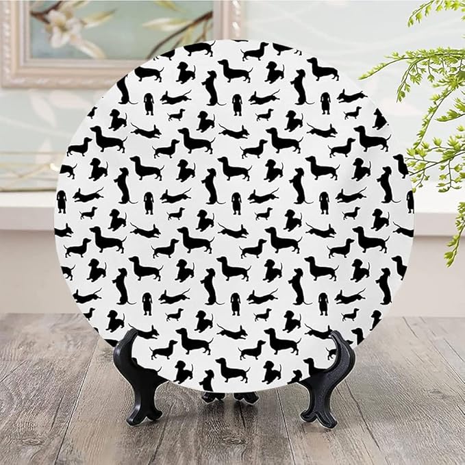 Ceramic Plates, Dog Lover Decorative Ceramic Plates, Monochrome Dachshunds in Numerous Stances Active Life, 6 Inch, for Dining, Parties, Wedding, Black White