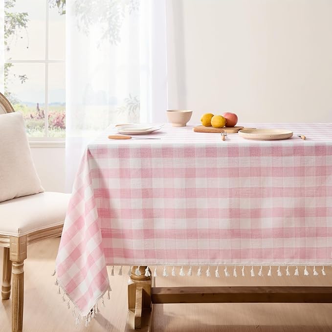 Softalker Valentines Pink Gingham Tablecloth Rectangle, Outdoor Linen Cotton Checkered Table Cloth with Tassel, Heavy Duty Wrinkle Free Plaid Table Cover for Easter Dining Spring Party - 55 x 102 Inch