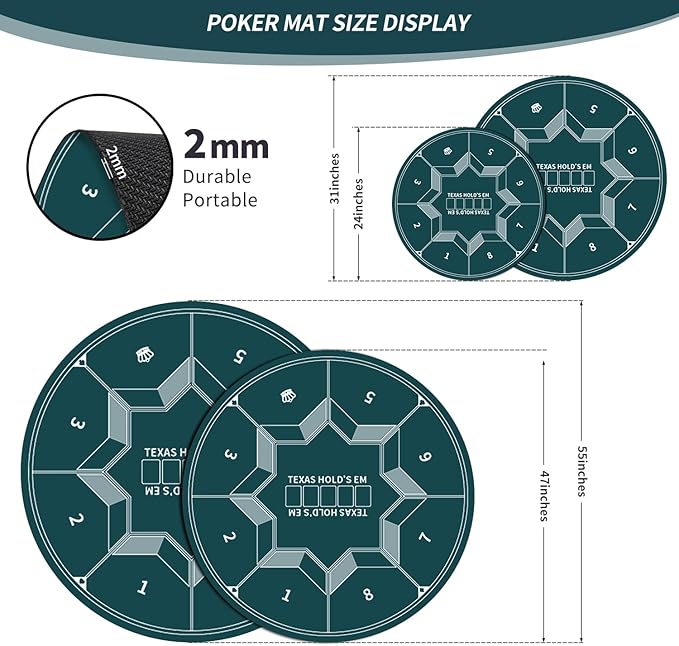 nuveti 24/31/47/55/63inch Round Poker Mat for Texas Holdem | Portable Poker Table Top with Art Deco Layout Print 6-8 Player Game Layout Mat to Play Cards, Poker Games, Blackjack, Casino