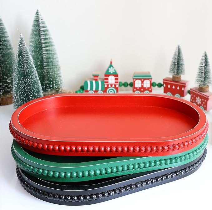 Red Oval Wood Decorative Ottoman Tray for Coffee Table Kitchen Counter, Living Room, Handcrafted Wooden Serving Tray for Table Centerpiece