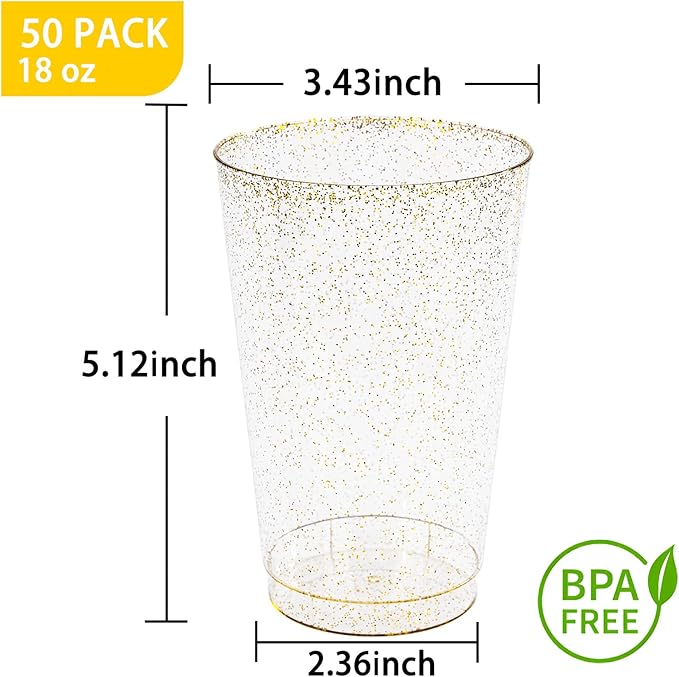 I00000 50 Pack 18 oz Gold Plastic Cups, Gold Glitter Cups Disposable Plastic Wine Glasses Cocktail Glasses Premium Cup, 18 Ounce Glitter Disposable Tumblers for Party & Wedding