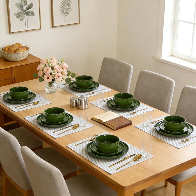 GZG Modern Art Series - 6 Pcs Speckled Stoneware Plates and Bowls Sets, Ceramic Dinnerware Set with Rustic Terracotta Underside, Microwave and Dishwasher Safe Handcrafted Dishes Set - Verdant Green