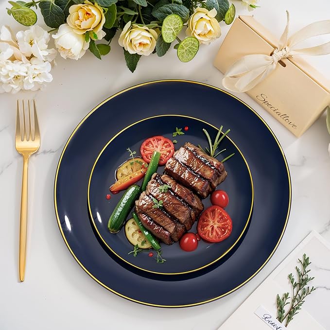 bUCLA 150PCS Blue and Gold Plastic Plates - 25 Guests Navy Blue Plastic Dinnerware Disposable for Party and Hanukkah - Include 25 Dinner/Dessert Plates, 25 Knives, 25 Forks, 25 Spoons, 25 Cups