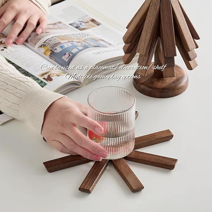 Trivets for Hot Dishes - Tree Washer Set, Wooden Pinwheel Coaster Set with Stand for Easy Storage - for Fondue pots, Pans, Bowls, teapots, Warming Trays - Versatile Decorations (A Walnut 4 pcs)