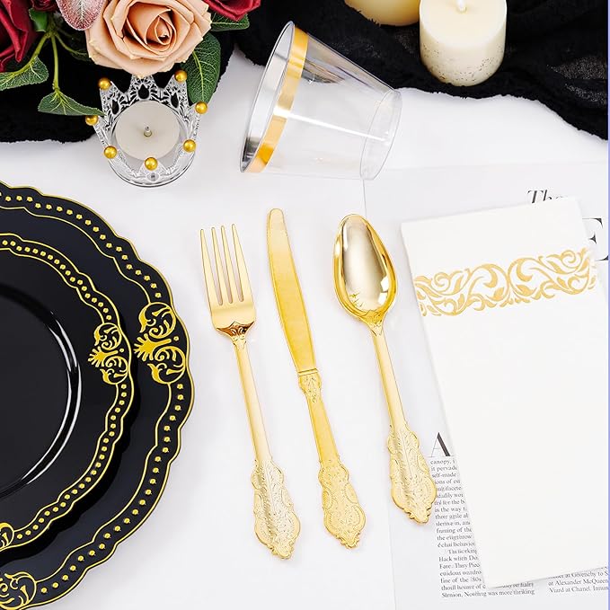 Ciaell 175 PCS Black and Gold Plastic Plates - Black Disposable Dinnerware Set with 50 Plates, 25 Knives, 25 Forks, 25 Spoons, 25 Cups, 25 Napkins for Parties and Weddings