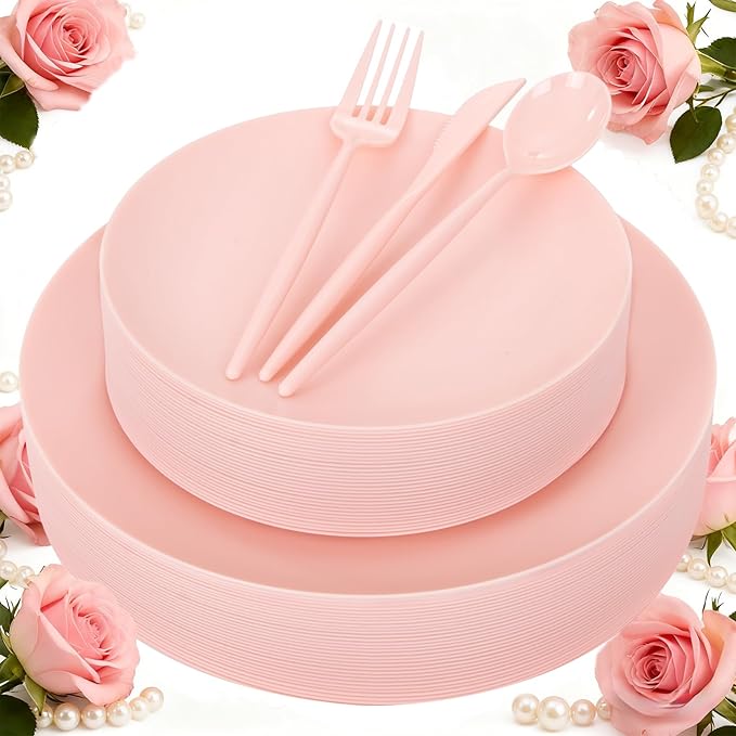 EI 150pcs Pink Plastic Plates Pink Disposable Heavy Duty Plastic Plates for Party Dinnerware Set Pink Plastic Silverware for Party Wedding Afternoon Tea,Spring,Mother's Day,Valentine's Day,Easter