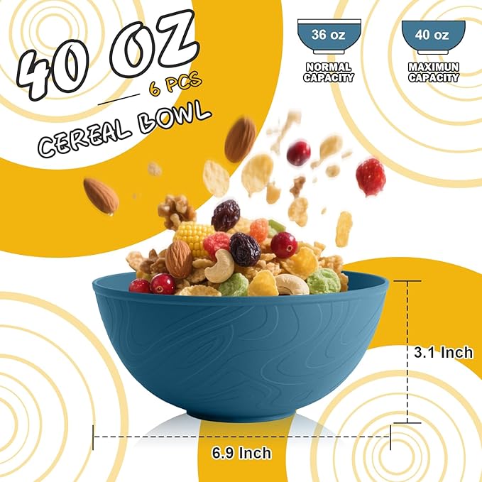 Unbreakable Large Cereal Bowls 40 OZ, Wheat Straw Bowls Set of 6, Alternative Plastic Bowls for Kitchen, Outdoors, Microwave & Dishwasher Safe Bowl Set for Salad, Cereal, Soup, Ramen, Multi