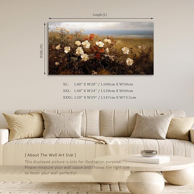 ADJUVANT Wall Art Vintage Coastal Wildflower Field 48"L x 24"W, Seaside Meadow With White And Orange Blooms Canvas Painting Nature Artwork Retro Floral Prints Botanic Wall Decor for Living Room Bedroom