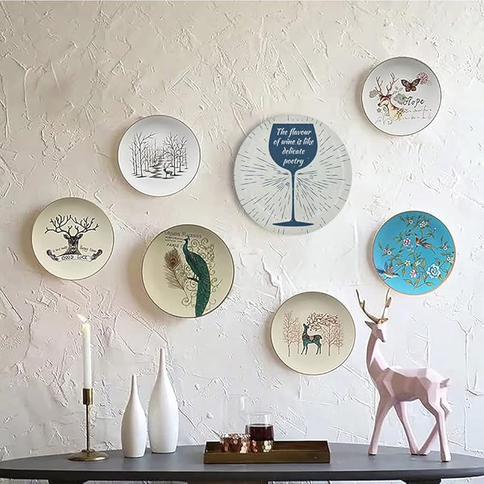 Ceramic Display Plate, Wine Ceramic Hanging Decorative Plate, Wine Glass and Vintage Sun Burst Frame, 6 Inch, Living Room Kitchen Decoration Household, Night Blue White