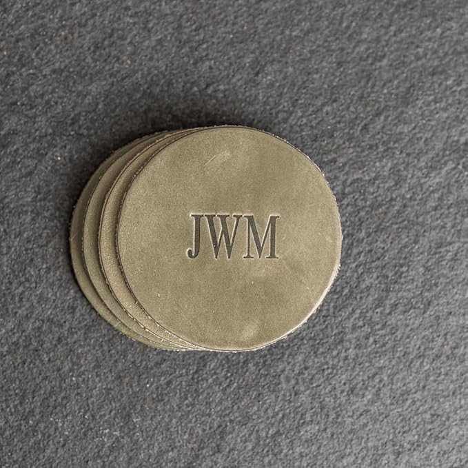 Ox & Pine Personalized Leather Coaster - Sold Individually or in Sets of 4 - Customize Inscription - 100% Full-Grain Leather – 4" Round or 4" Square (Round, Deep Ocean, Set of 4 Coasters)