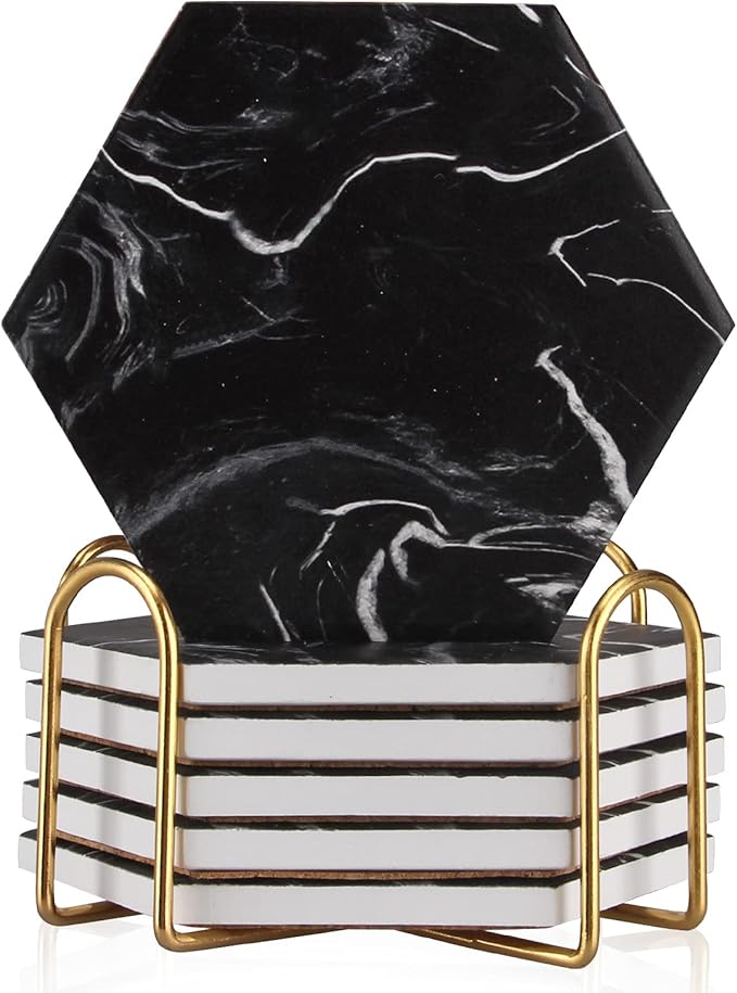 Cool Black Marble Coaster Set with Holder Hexagon Absorbent Coasters Modern Ceramic Coster 6 Pack Best Stone Drink Coaster Beverage Coffee Table Decor Funny Bar Desk Cup Coasters