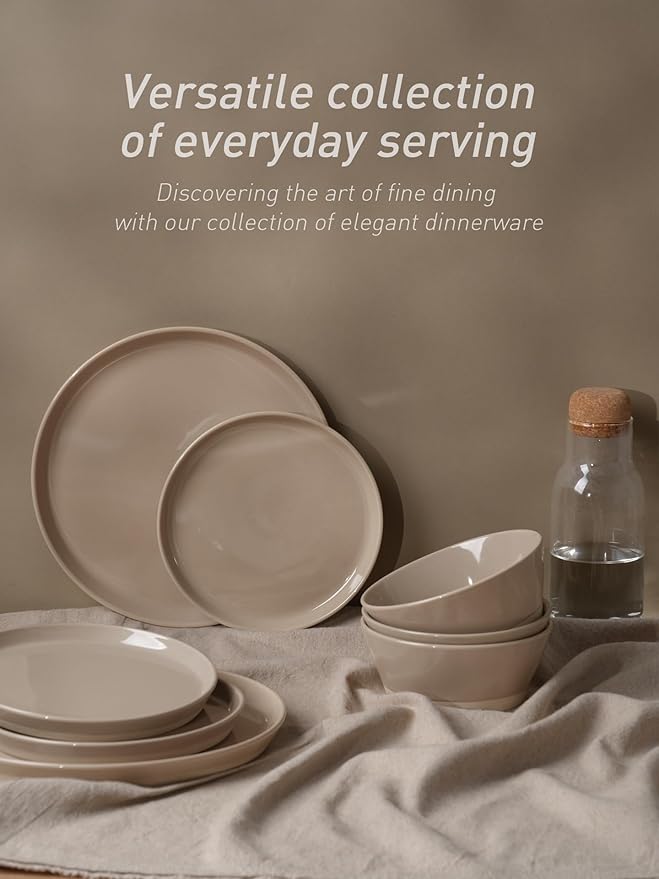 Famiware Saturn Dinnerware Sets for 4, 12 Pieces Stoneware Plates and Bowls Dish Set - Chip and Scratch Resistant, Microwave and Dishwasher Safe Tableware, Cinnamon Brown