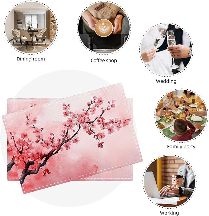 Japanese Cherry Blossom Placemats Set of 6, Pink Sakura Floral Place Mats, Flower Waterproof Washable Table Mats for Home Party Indoor Kitchen Dining Table Decoration 12x18 Inch