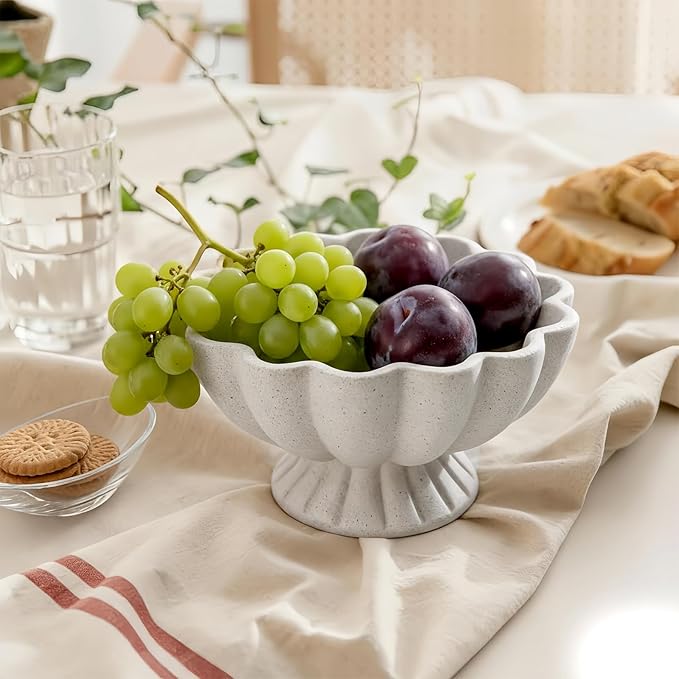 Pedestal Decorative Bowl Home Decor - Morden Handicraft Decorative Fruit Bowl for Kitchen Counter, Chic Ruffle Bowl Centerpiece Decor for Dining Table Coffee Table (Spotted White)