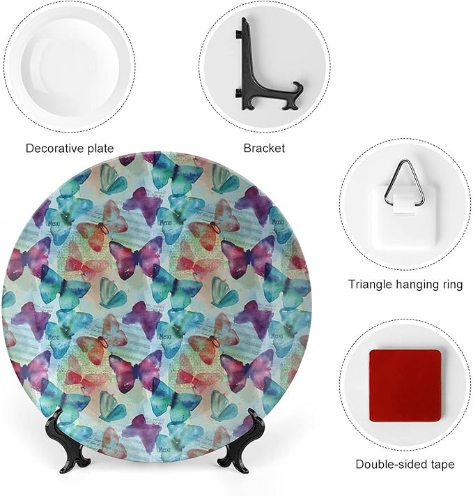 Ceramic Display Plate, Abstract Ceramic Hanging Decorative Plate, Watercolor Rainbow Colored Butterflies and Letterings Music, 7 Inch, Living Room Kitchen Decoration Household, Multicolor