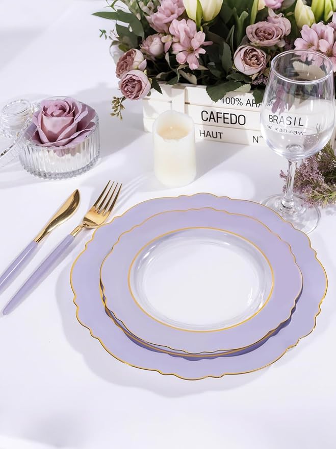 WDF 60pcs Clear Purple Plates Disposable with Gold Rim - Baroque Lavender Purple Plastic Plates for Party/Wedding/Spring Picnic
