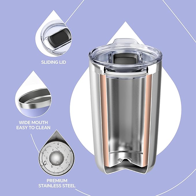 Ideus 20 oz Tumbler, Travel Coffee Mug with Splash Proof Sliding Lid, Double Wall Stainless Steel Vacuum Insulated Coffee Mug for Home and Office, Keep Beverages Hot or Cold, Lavender Purple