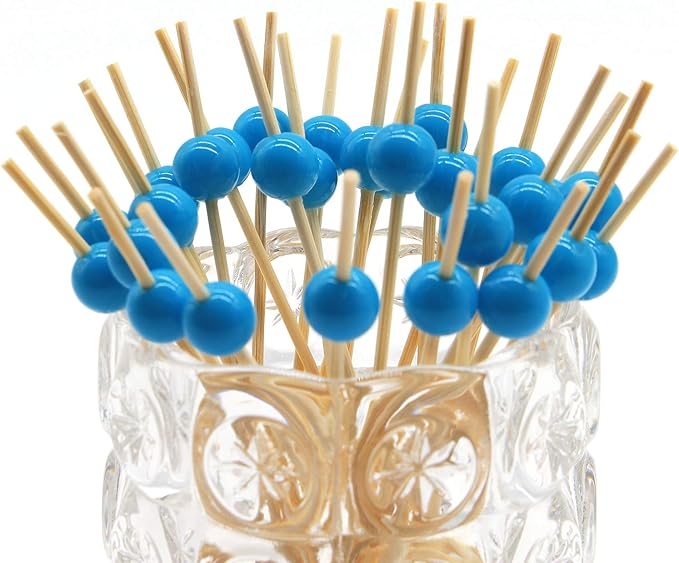 Minisland Sky Blue Pearl Cocktail Picks, 4.7 Inch Long Bamboo Fancy Toothpicks for Appetizers, Decorative Baby Shower Birthday Party Food Drink Garnish Fruit Kabob Skewer Sticks 100 Counts - MSL154