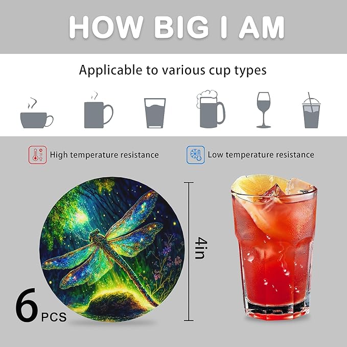6 Pcs Drink Coasters with Holder,Fantastic Dragonfly Forest Absorbent Round Ceramic Coaster for Tabletop Protection,for Coffee Cup Beverage Coasters Wine Beer Bar