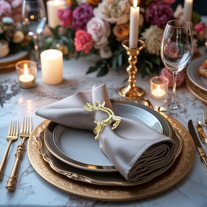 Decozen Set of 16 Gold Napkin Rings in Stag Design Festive Table Decor Setting for Holiday Wedding, Birthday, Kitchen, Home Decor Housewarming Gift - Thanksgiving & Christmas Gift Decoration