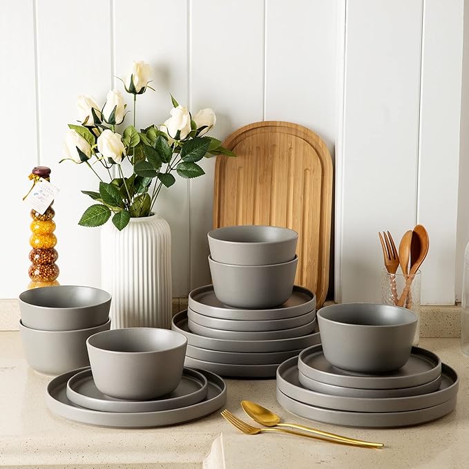 AmorArc Ceramic Dinner Plates Set of 6, 10.0 Inch Matte Stoneware Plates for Kitchen,Modern Flat Dinnerware Dishes Set,Microwave& Dishwasher Safe, Scratch Resistant,Matte Grey