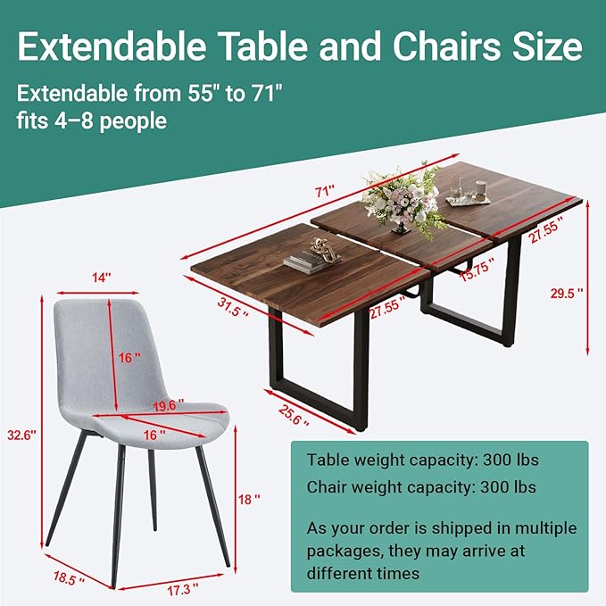 Extendable Dining Table Set for 6, 55"–71" Modern Wood Kitchen Table with 6 Upholstered Chairs, Space-Saving for Living Room Apartment, Sturdy & Comfortable, Easy Assembly