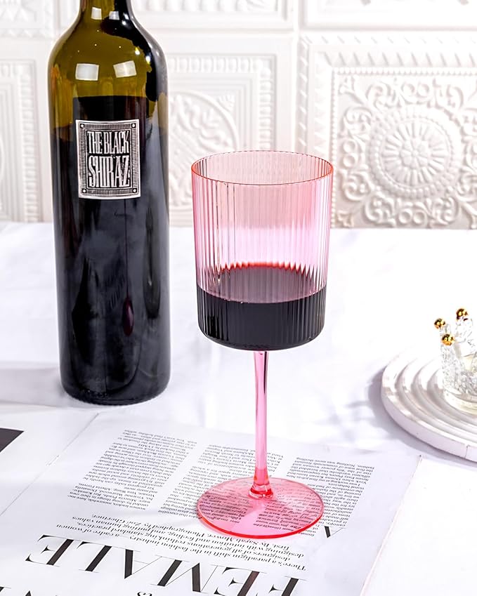 Ciaell 12 PCS Pink Plastic Ribbed Wine Glasses - 10 OZ Plastic Square Wine Glasses with Stem - Disposable Champagne Cups for Parties & Weddings & Valentine's Day