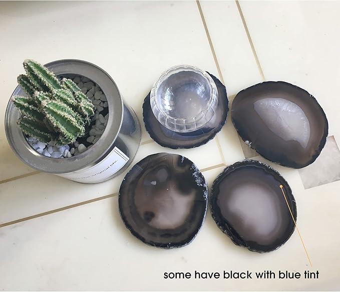 AMOYSTONE Large Black Agate Coasters Set of 4, 4-5 Inch Premium Stone Coasters, Executive Gift for Boss, Corporate Gift for Client