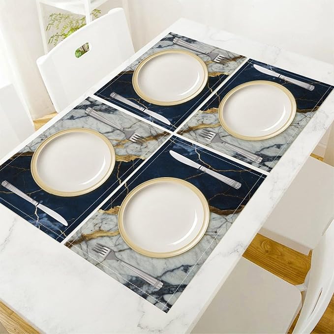 Marble Linen Placemats Set of 4, Modern Abstract Foil Texture White Navy Blue Gold Marble Washable Place Mats, Non Slip Placemat for Home Party Dining Tables Wedding Kitchen Banquets Decor 12x17 Inch