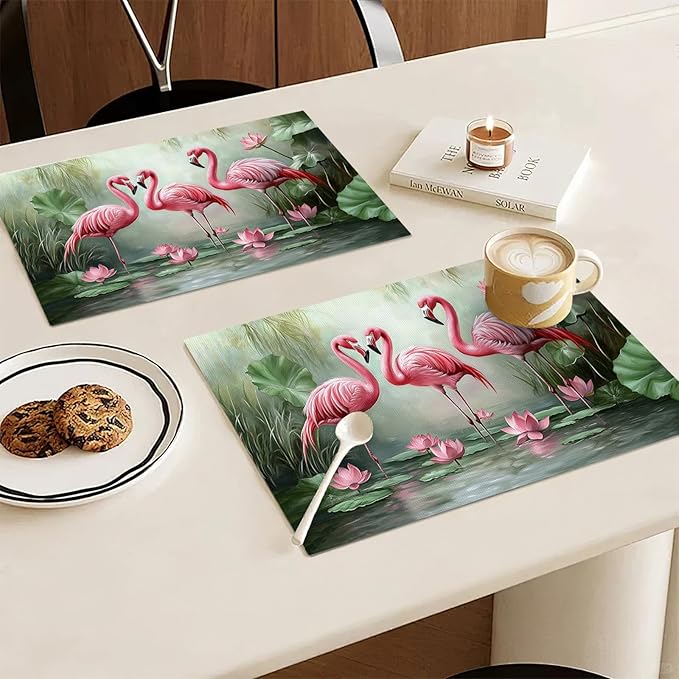 Flamingo Placemats Set of 4, Flamingo Tropical Flowers Place Mats, Wildlife Waterproof Washable Table Mats for Home Party Indoor Kitchen Dining Table Decoration 12x18 Inch
