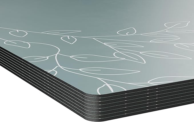 Royalty Art Teal Gray Boho Placemats, 4 Pc. Set, Non-Slip Cork Backed, Wipeable Heat Resistant Surface for Kitchen and Dining Table Protection, Cute Floral Pattern for Farmhouse or Rustic Decor