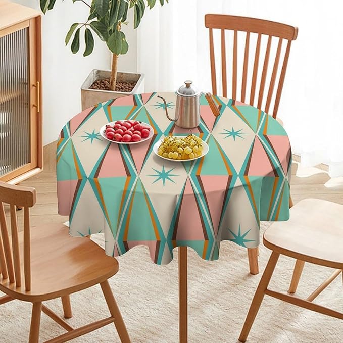 Mid Century Round Tablecloth, Vintage Bohemian Modern Mid-Century 50s 60s Print Tablecloth for Home Party Dining Room Kitchen Decor 50Inch(127cm)