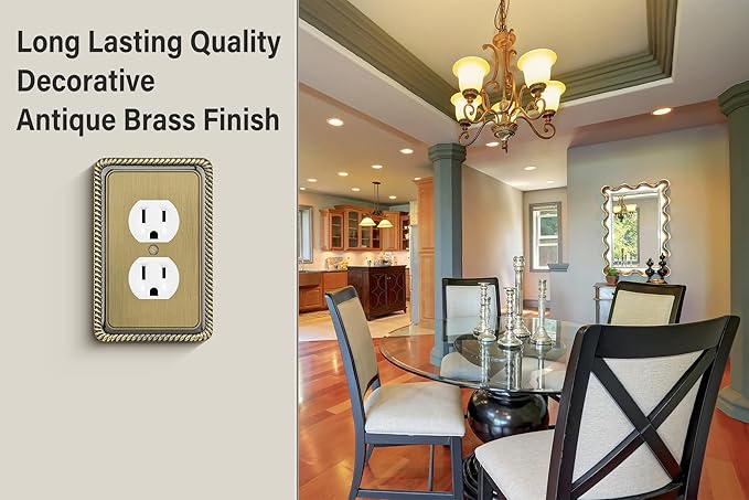 Henne Bery Rope Edge Decorative Wall Plate Switch Plate Outlet Cover (Single Duplex, 3 Pack, Antique Brass)
