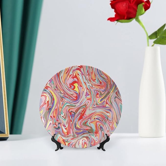 Decorative Plates, Abstract Print Ornament, Mix of Colors Messy Dirty Look Artistic, 7 Inch, 1 Plate with 1 Display Stand, Multicolor
