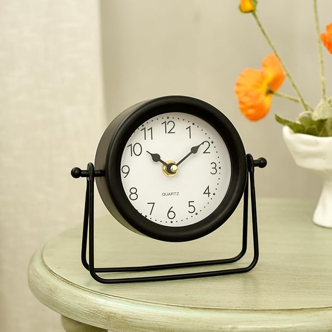 Small Black Desk and Shelf Clock, 5.9*6.9 Inch Retro Elegant Tabletop Clock with Glass Cover, Silent Non-Ticking Battery Operated Decorative Clock for Living Room, Office, Bedroom, Gift Idea