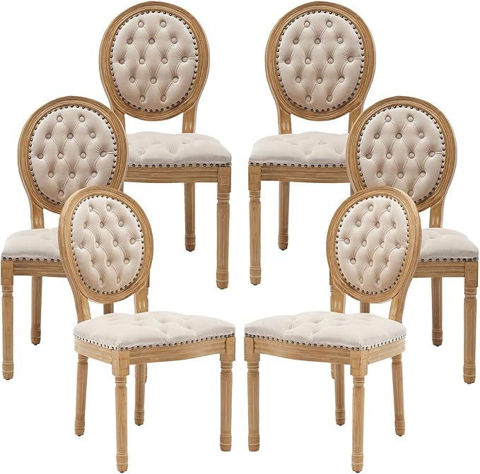 Vintage French Dining Chairs Set of 6, Round Back Velvet Upholstered Accent Chairs with Nailhead Trim and Solid Wood Frame, Elegant Sillas de Comedor for Dining Room & Kitchen, Beige