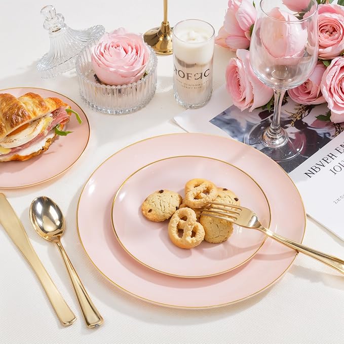 PULOTE 200Pieces Pink Plastic Plates - Premium Hard Pink and Gold Disposable - Include 100PCS 10 inch Dinner & 100PCS 7 inch Dessert Plates, Ideal for Wedding, Party & Valentines Day